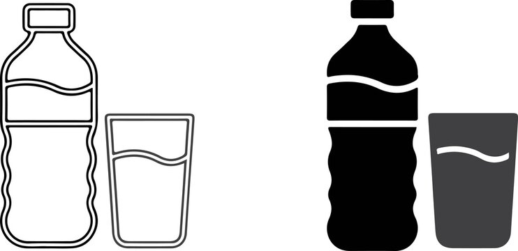 Plastic water bottle and glass vector silhouettes representing hydration