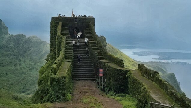 Trekkers climbing the steep stone staircase of an ancient hill fort bastion overlooking a lush valley and lake in the Western Ghats, Maharashtra.