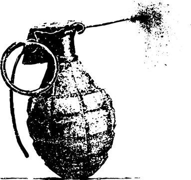 Grunge black and white stencil classic fragmentation grenade with lit pin spark for edgy poster and background design