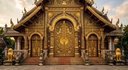 Fototapeta premium Ornate golden temple facade with intricate carvings and traditional Asian architecture at dusk