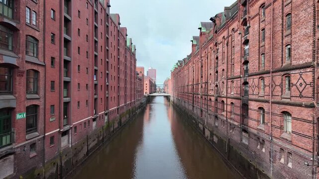 Traditional brick warehouses in Speicherstadt district, Hamburg, video 4k resolution