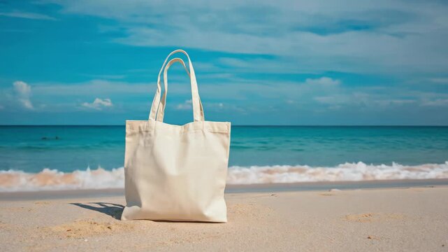 White tote bag on sandy beach.