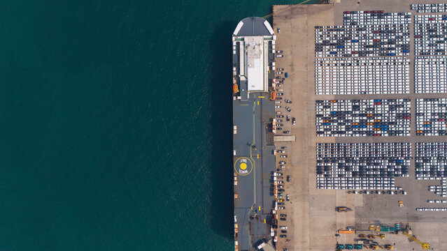 Aerial view from a container drone. Container ships in export-import and logistics business Transporting goods to large ports Worldwide shipping and logistics business International business abroad