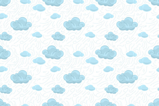 Seamless hand drawn pattern of various light blue cartoon clouds and delicate curly wind swirls on a clean white background. Ideal for weather backgrounds, digital paper and children fabric designs.