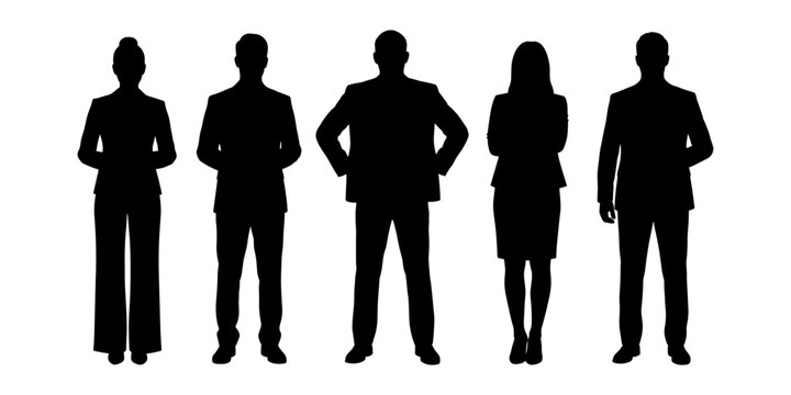 Black silhouette of a diverse business team standing together on a white background