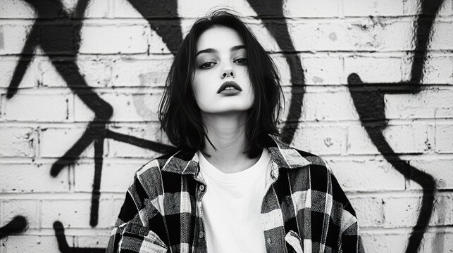 A young woman with a 1990s grunge aesthetic, oversized flannel shirt, ripped jeans, standing against a graffiti-covered brick wall,