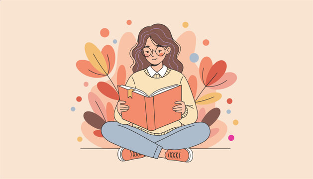 Smart young girl wearing glasses sits cross-legged while reading a book with abstract floral shapes behind her.