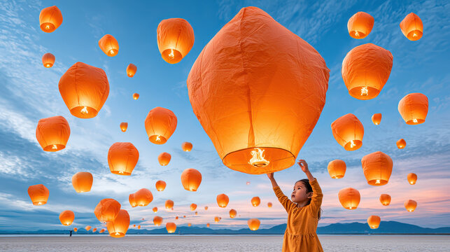 Person releasing glowing lanterns, individual with orange lantern on a serene evening, symbolism of hope and celebration.