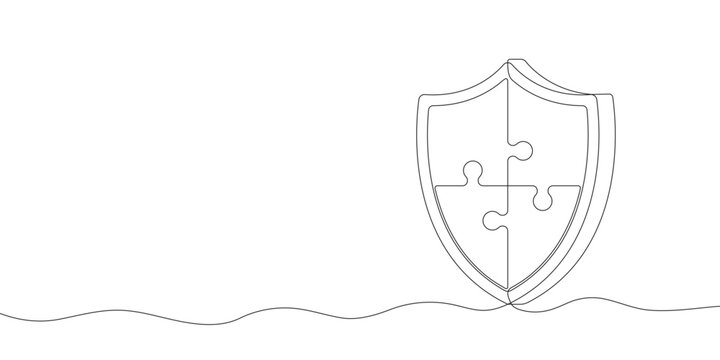 Shield made of puzzle pieces of one continuous line drawn. Security shield and  jigsaw puzzle elements drawn in one line. Safety and protection concept. Vector.
