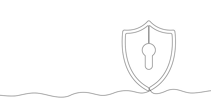 Shield with keyhole of one continuous line drawn. Security shield with keyhole drawn in one line. Safety and protection concept. Vector.