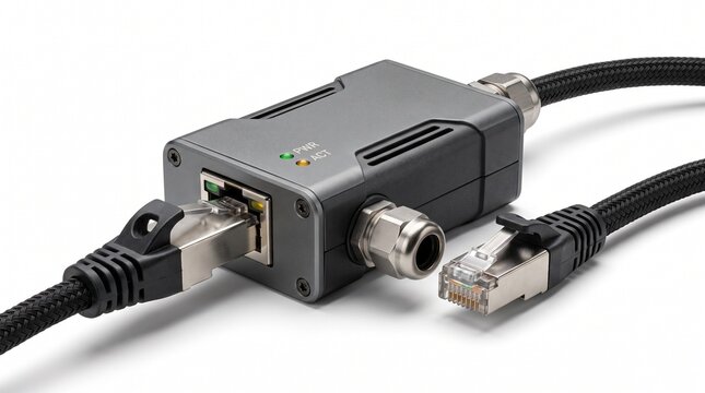 Industrial Ethernet surge protector with RJ45 connectors, rugged network lightning protection device, shielded data cable hardware