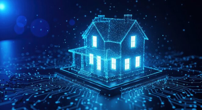 Glowing digital wireframe of a house in a dark abstract space illustration