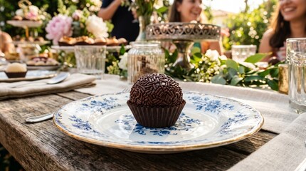 Fototapeta premium Close up of a chocolate brigadeiro on a decorative plate at an outdoor garden party with blurred people in the background