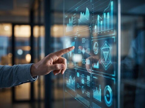 Business Hand Interacting With Digital Analytics Dashboard