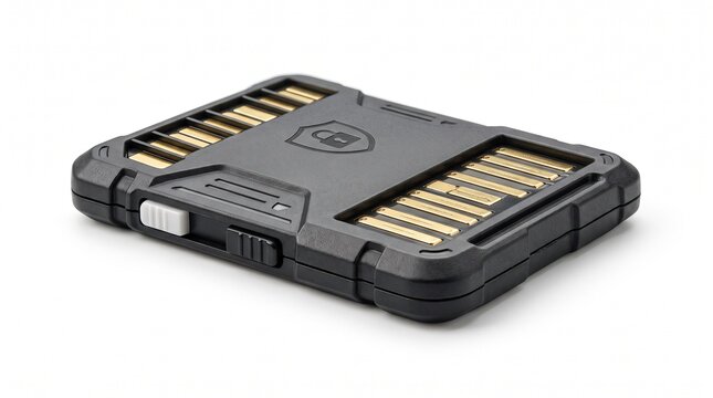 Rugged black memory card case, durable protective storage for SD cards, secure portable media carrier on white background
