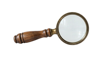 Classic vintage magnifying glass with wooden handle isolated on transparent background for investigation and research. © UniqueChoice
