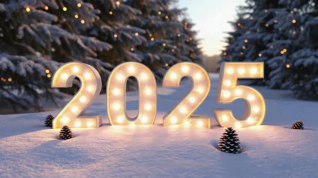 Illuminated numbers spelling out 2025 set against a snowy, festive backdrop.