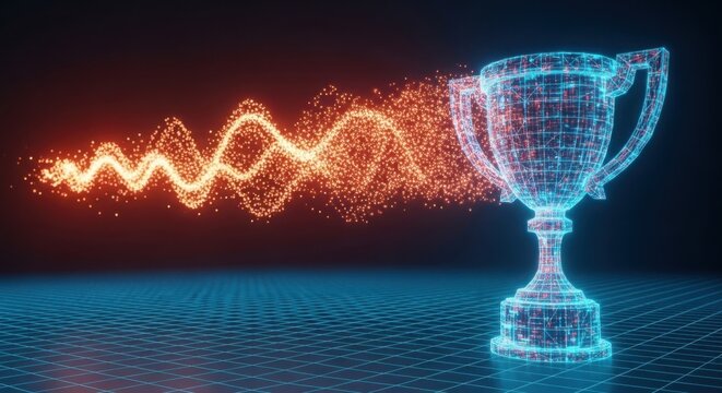 Glowing digital trophy cup with abstract orange light wave energy effect illustration