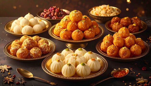 Assortment of traditional Indian festival sweets and mithai