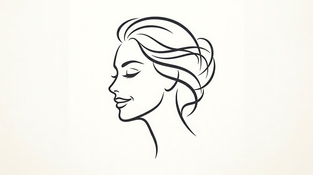 Minimalist line art illustration of a beautiful woman profile with elegant hairstyle for beauty salon and spa logo
