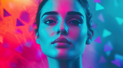 Fototapeta premium A female model with ethereal, glowing skin, surrounded by floating geometric shapes