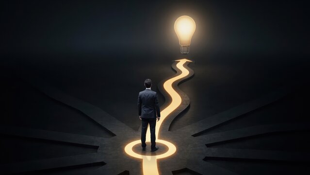 A businessman stands at a crossroads choosing between different paths leading to a glowing lightbulb. Represents strategic decision making and finding creative business solutions.
