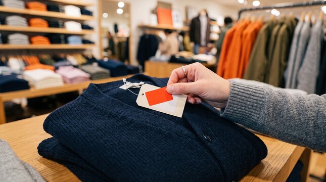 Customer examining a navy blue sweater with a price tag in a clothing store retail environment