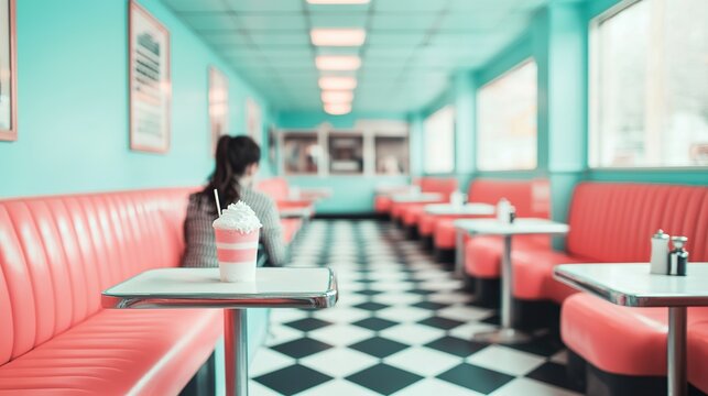 A person in a retro diner, sipping a milkshake, vibrant red booths, checkerboard floor, warm incandescent lighting, 1950s aesthetic