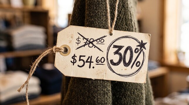 Clothing store sale tag showing 30 percent discount on a green sweater