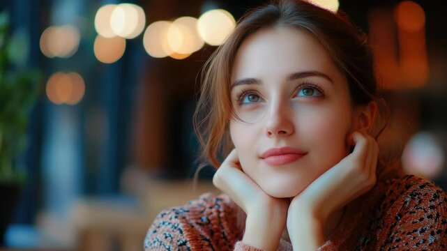 A young woman with striking blue eyes and a thoughtful expression on her face. She is seated and appears to be lost in thought.