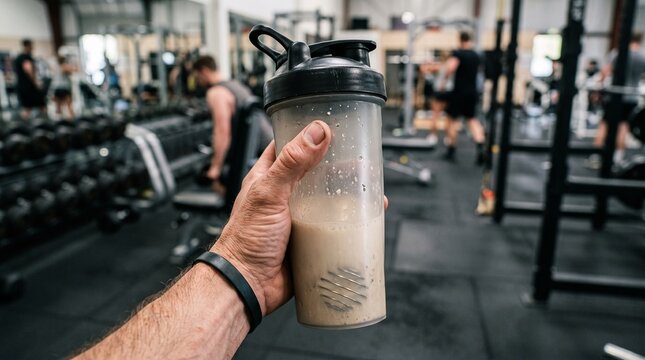 Man holding protein shake bottle in gym with blurred background of people working out