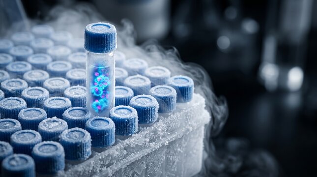 Frozen cryogenic vial containing glowing stem cells in cryo rack with liquid nitrogen vapor