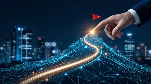 Strategic roadmap leading to a business goal with red flag for milestone planning, execution and success