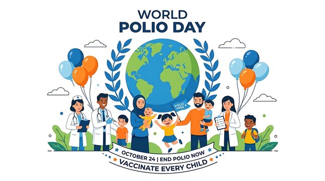 World Polio Day vector illustration featuring medical professionals and diverse families around a globe for global vaccination awareness campaign