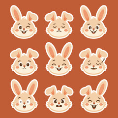 Fototapeta premium Set of cute cartoon bunny face stickers with various expressions