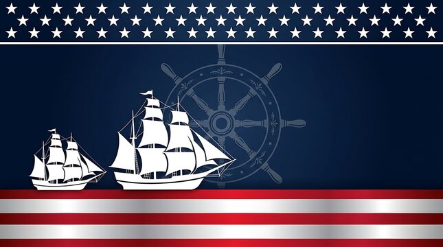 Patriotic nautical illustration featuring white sailing ship silhouettes with American flag stars and stripes on a dark blue background
