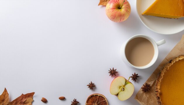 Minimal flat lay of pumpkin pie and a coffee cup with star anise on a clean white background with generous copy space. Simple and elegant autumn composition ideal for fall banners, Thanksgiving menus
