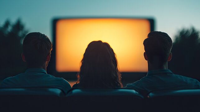 A group of friends at a drive-in movie theater, illuminated by the projection on the screen, classic car, nostalgic evening