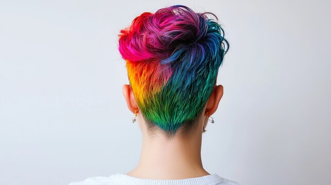 A person with a vibrant, multi-colored hairstyle, standing in front of a plain white background, strong studio lighting, high key