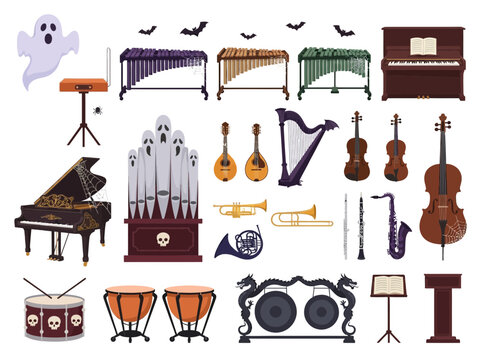 Halloween Musical Instruments Vector Set: Spooky Orchestra with Ghost, Skull Drums, and Haunted Pianos