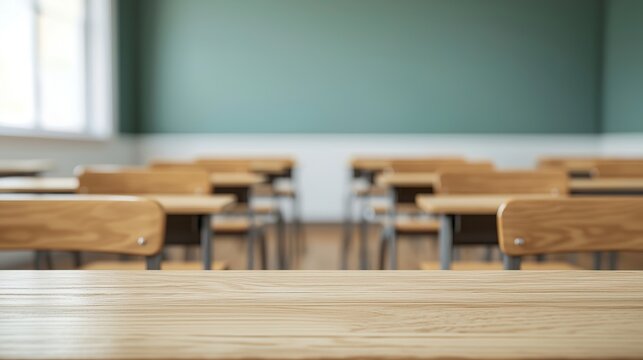 Blurred classroom background, empty desks