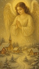 Fototapeta premium Serene angel over snowy village mobile wallpaper