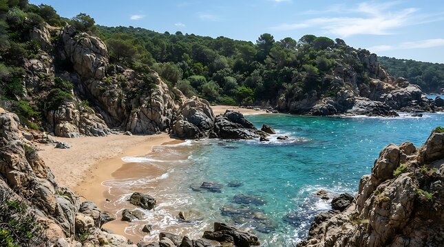 Cala morisca in costa brava, spain, featuring a picturesque sandy cove surrounded by rugged cliffs, crystalclear turquoise waters, and lush green pine forests