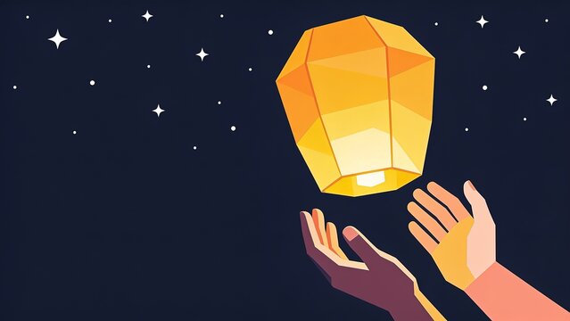 Glowing sky lantern floating into the night sky with hands reaching up in a flat vector illustration