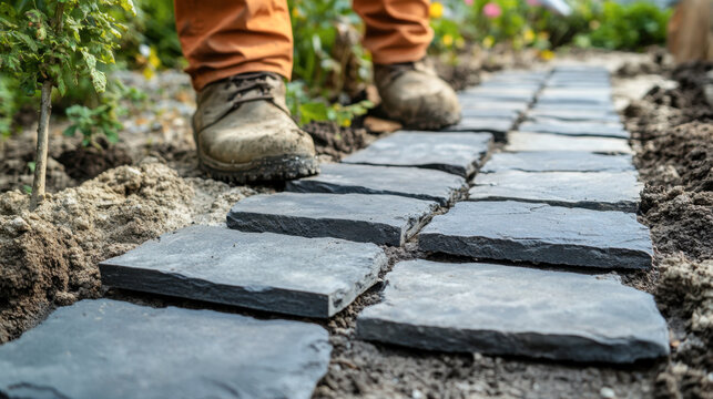 Paver laying pathway out of concrete pavement blocks