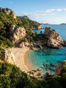 Stunning secluded cove with a pristine sandy beach nestled between rugged rocky cliffs and lush green hills, overlooking crystalclear turquoise waters under a blue sky