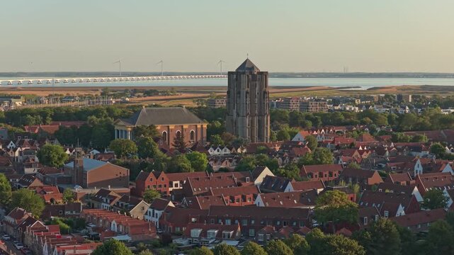 Zierikzee cityscape with sint lievensmonstertoren and oosterschelde bridge