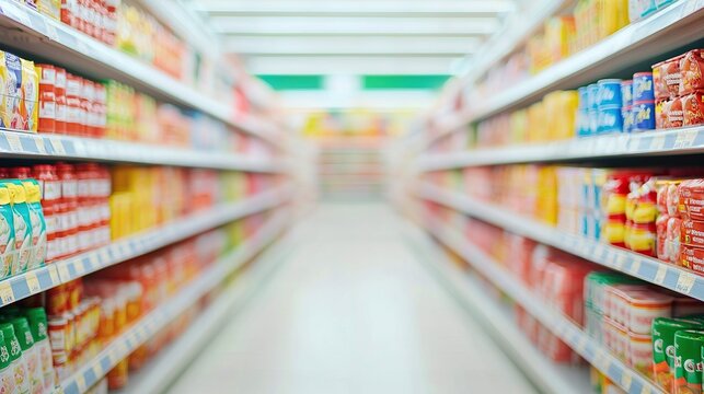 Blurred supermarket aisle background, colorful products