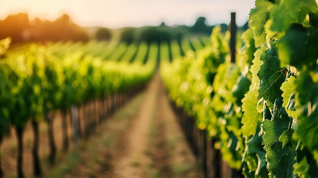 Blurred vineyard background, rows of grapes