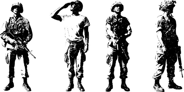 Grunge black and white stencil set of soldier figures in multiple poses for military poster background and graphic design elements